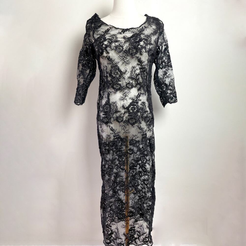 Sheer Lace Floral Embroidered Mesh Dress Small Black Whimsigoth‎ Fairy Grunge